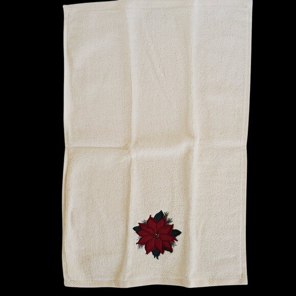 Christmas Holiday 4 Fingertip Guest Towels Applique Poinsettia Star White Cream - Picture 8 of 11